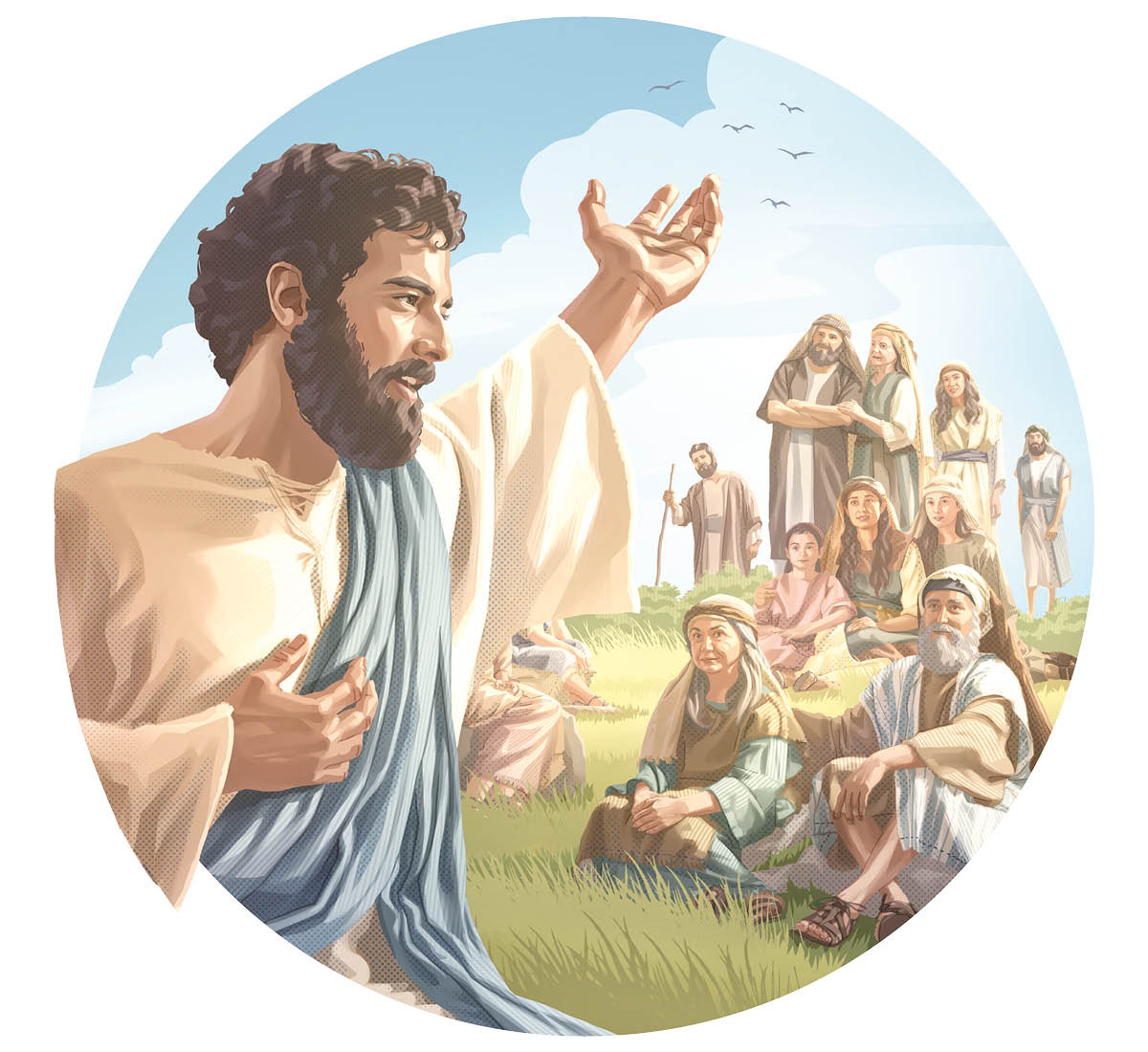 Jesus holder sin berømte bjergprædiken for en gruppe mænd, kvinder og børn.