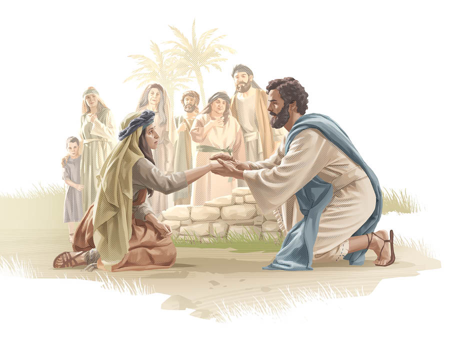 Jesus sidder på hug og taler beroligende til en kvinde der lige er blevet mirakuløst helbredt for sine konstante blødninger.