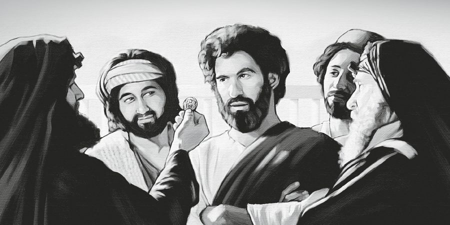 Mænd stiller Jesus et spørgsmål om at betale skat, men det er i virkeligheden en fælde