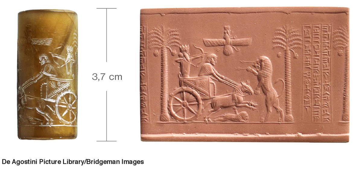 Et cylindersegl af den persiske kong Dareios I som er på jagt, og seglets aftryk i ler
