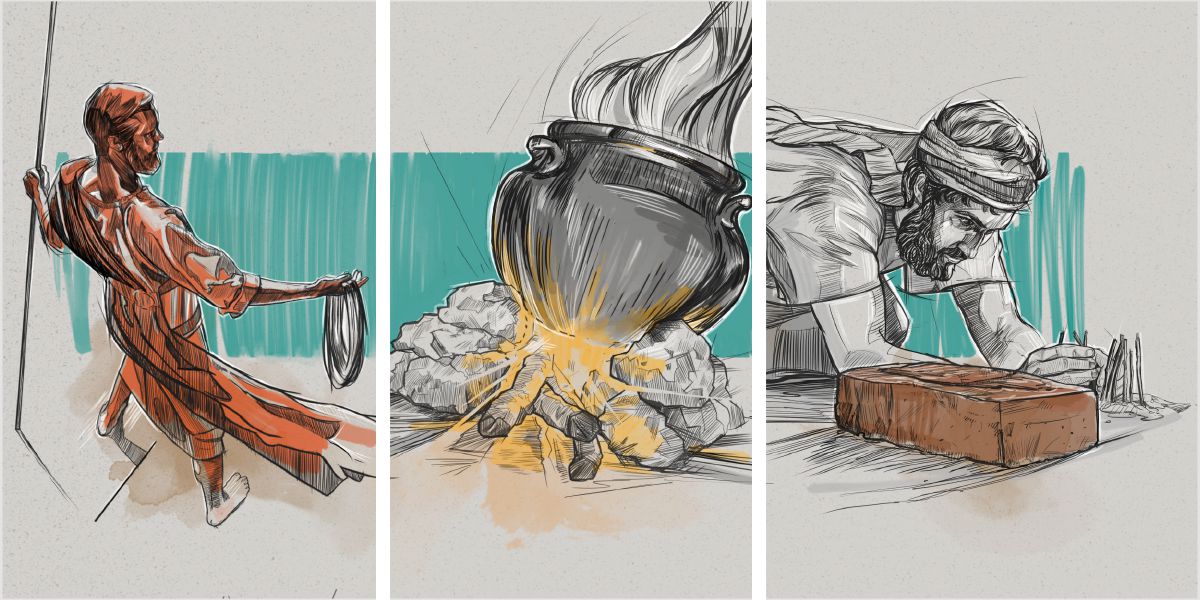Collage: Forståelse af Ezekiels profetier. 1. Syner: en mand der skinner som kobber, og som har en hørsnor og en målestok i hænderne. 2. Illustrationer: en gryde på et ildsted. 3. Profetiske handlinger: Ezekiel bygger en belejringsmur rundt om en teglsten.