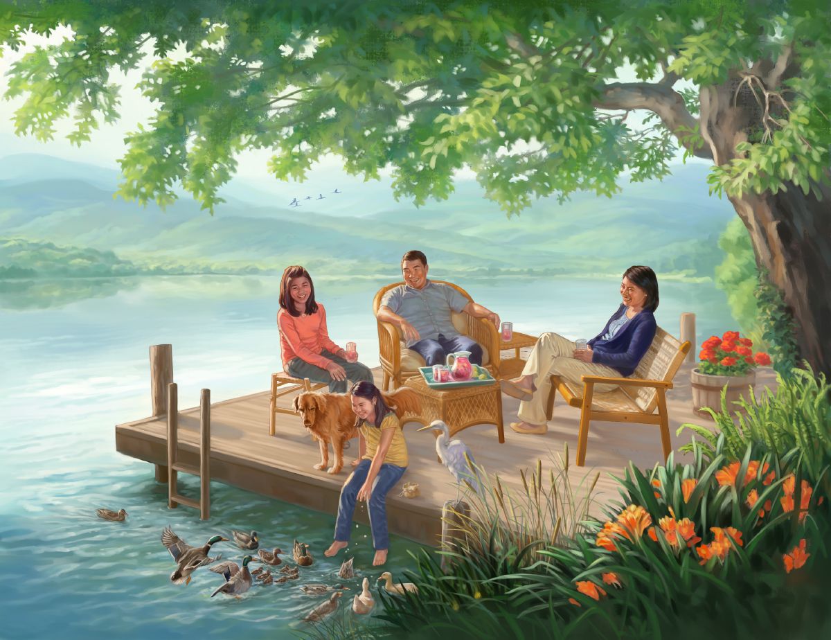 En familie der slapper af ved en sø i Paradiset.