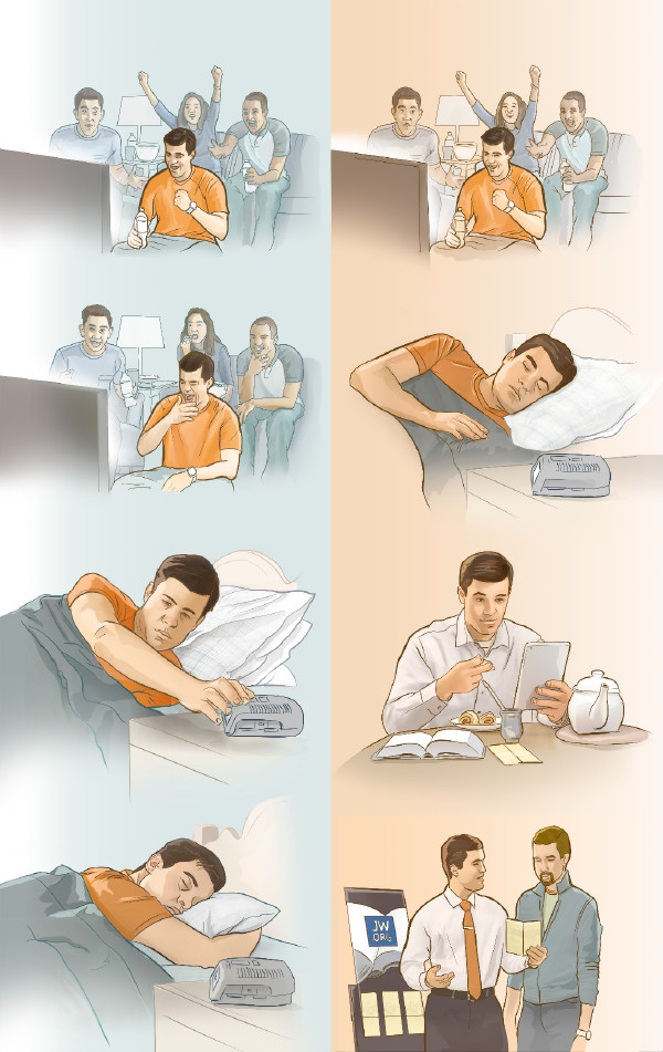 1. En kristen mand ser fjernsyn til langt ud på aftenen og sover længe næste morgen; 2. En kristen mand ser fjernsyn, men går i seng i ordentlig tid og tager i forkyndelsen næste formiddag