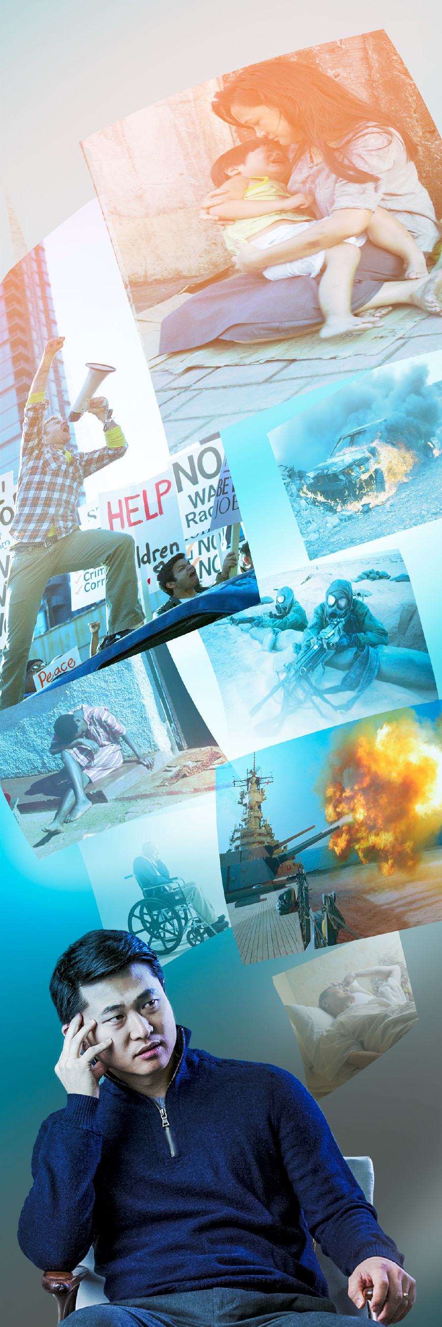 En mand er bekymret på grund af krig, fattigdom, sygdom og livets mange problemer