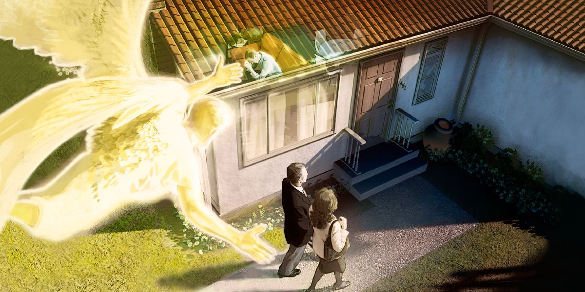 En engel svæver over to Jehovas Vidner mens de går hen til et hus hvor en mand sidder og beder