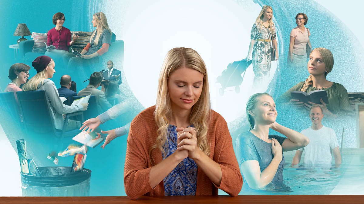 Collage: Nogle skridt en kvinde tager i forbindelse med dåb. 1. Hun har taget imod et bibelstudie. 2. Hun overværer et møde, klædt i fritidstøj. 3. Hun kaster ting som cigaretter, en religiøs figur og okkulte billeder i en skraldespand. 4. Hun indvier sig til Jehova i bøn. 5. Hun er med i offentlig forkyndelse. 6. Hun mediterer mens hun læser i Bibelen. 7. Hun er lige blevet døbt.