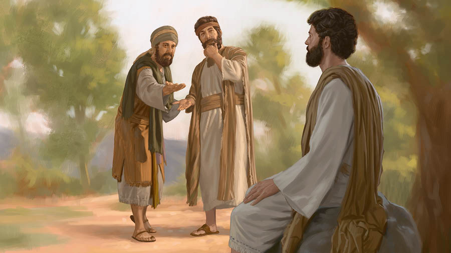 Filip opfordrer Nathanael til at henvende sig til Jesus, der sidder lige i nærheden.