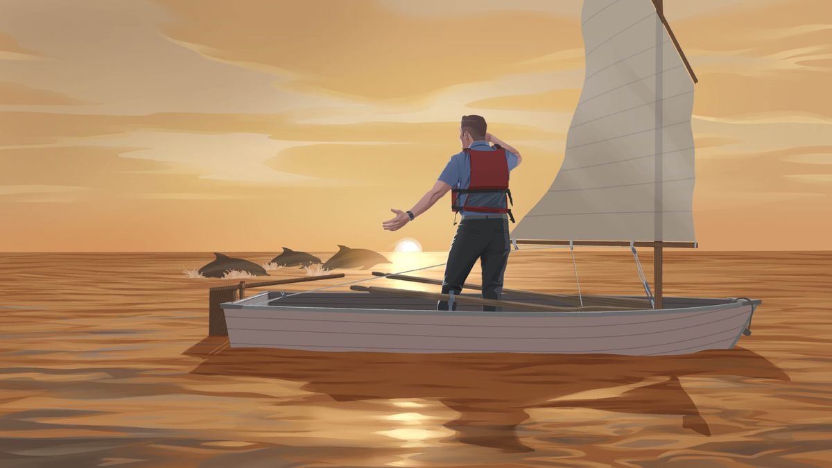Den samme mand står i sin båd og kigger på delfiner mens solen er ved at gå ned.