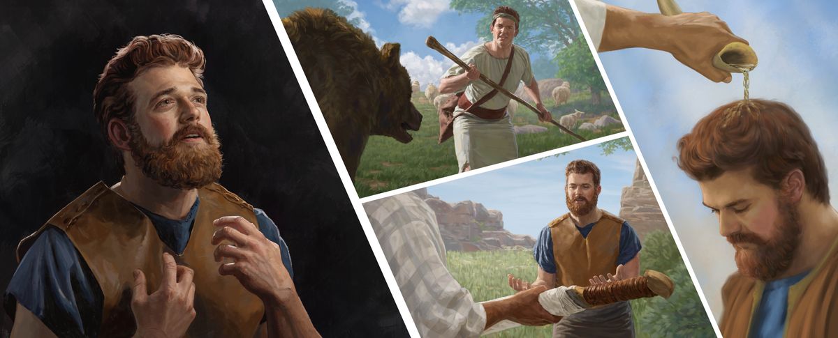 Collage: David reflekterer over hvordan Jehova har hjulpet ham og stadig hjælper ham. 1. Som dreng forsvarer David sig mod en bjørn med en stav. 2. Han får overrakt Goliats sværd af Akimelek. 3. Han bliver salvet med olie.