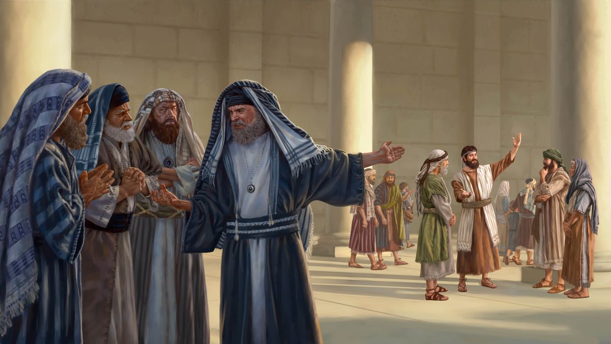 Jødiske religiøse ledere står ved templet og er stærkt utilfredse med de kristne som forkynder i nærheden.