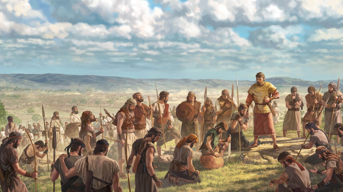 Kong Asa og hans soldater beder til Jehova på toppen af en bakke. Den enorme etiopiske hær vrimler frem imod dem fra lavlandet.