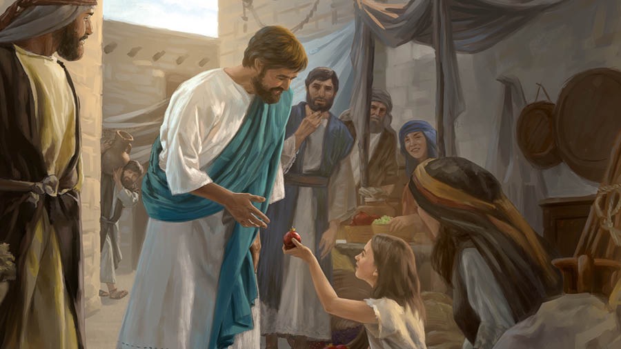 Jesus får en frugt af en lille pige mens nogle voksne ser på