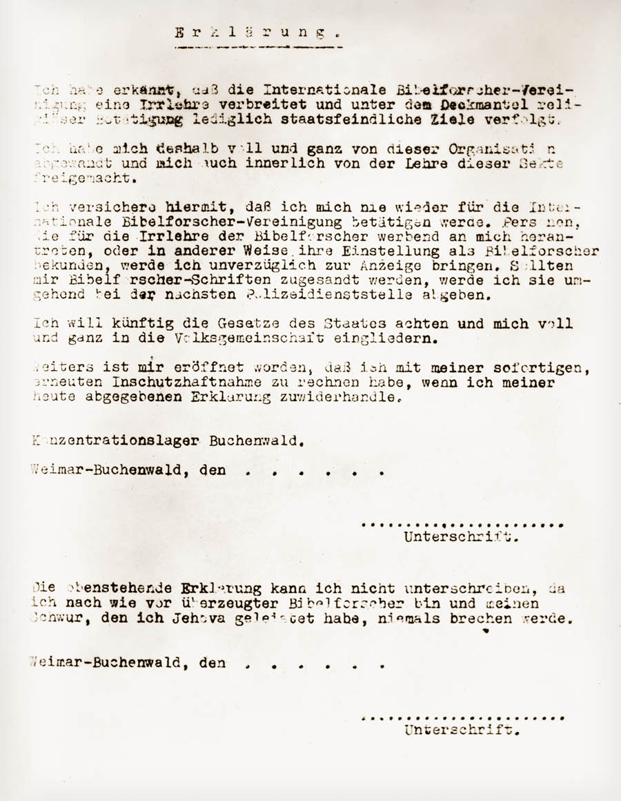 Verpflichtungserklärung, die Zeugen Jehovas vorgelegt wurde. Mit ihrer Unterschrift hätten sie eingewilligt, ihrem Glauben abzuschwören, und wären im Austausch dafür freigekommen.