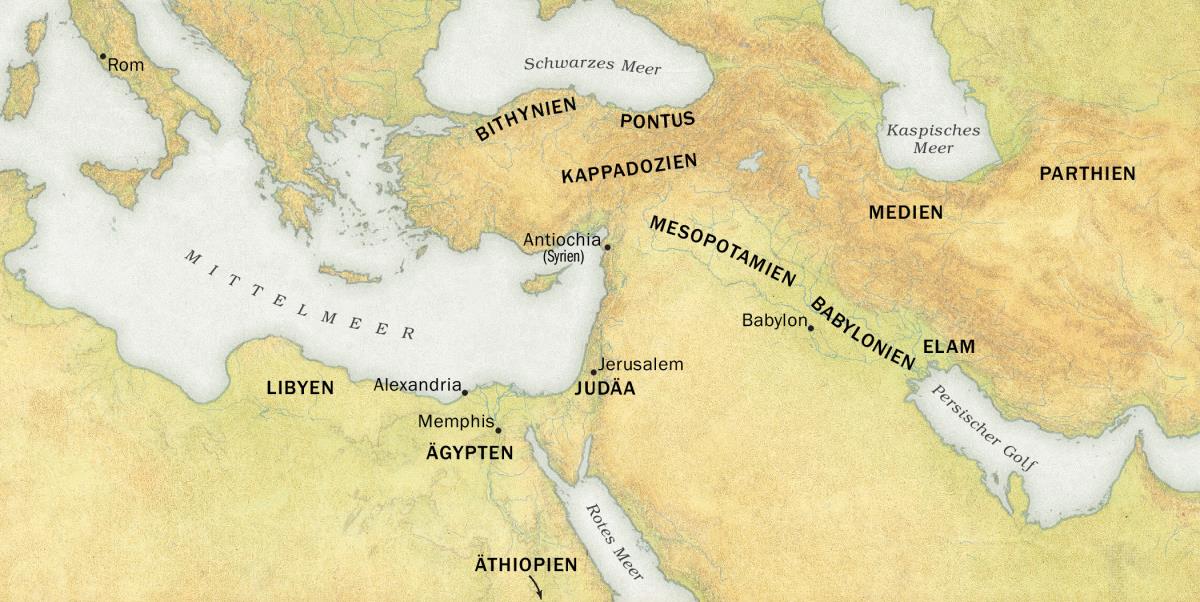 Eine Karte, die zeigt, woher die Besucher des Pfingstfestes 33 u. Z. in Jerusalem kamen. 1. Regionen: Libyen, Ägypten, Äthiopien, Bithynien, Pontus, Kappadozien, Judäa, Mesopotamien, Babylonien, Elam, Medien und Parthien. 2. Städte: Rom, Alexandria, Memphis, Antiochia (Syrien), Jerusalem und Babylon. 3. Gewässer: Mittelmeer, Schwarzes Meer, Rotes Meer, Kaspisches Meer und Persischer Golf.