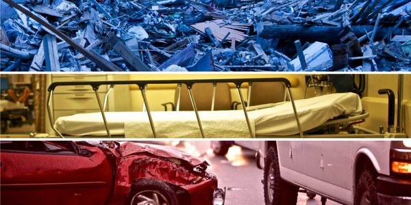 1. Verwüstetes Gelände nach einer Naturkatastrophe; 2. Ein Krankenhausbett; 3. Ein Autounfall