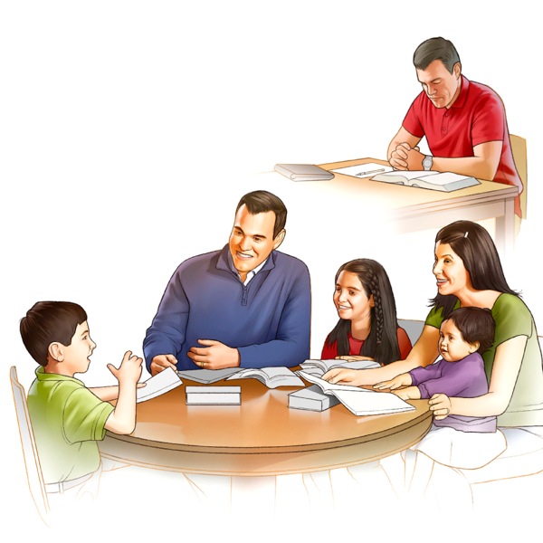 Ein Vater bereitet sich auf das Familienstudium vor, an dem dann später alle Freude haben