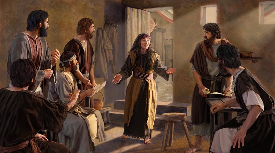 Maria Magdalene stürmt in das Zimmer, in dem die Apostel und andere Jünger sind, und erzählt ihnen begeistert: „Ich hab den Herrn gesehen!“