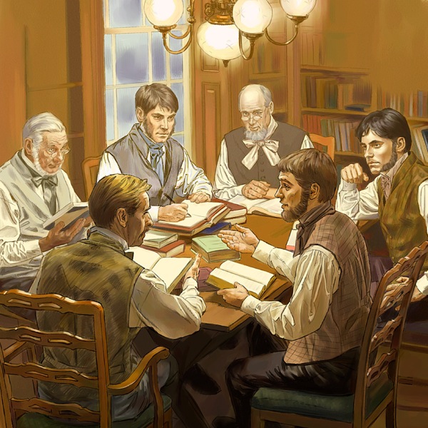 Eine Gruppe Männer in den 1870er-Jahren beim Erforschen der Bibel