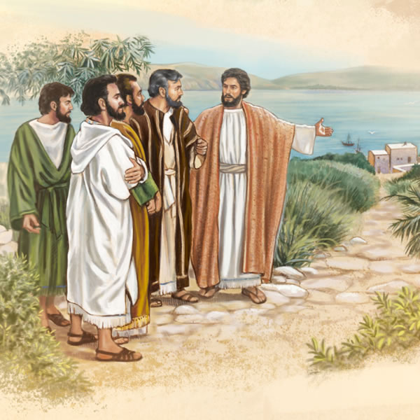 Jesus spricht mit Petrus, Andreas, Jakobus und Johannes und zeigt dabei auf eine nahe gelegene Stadt