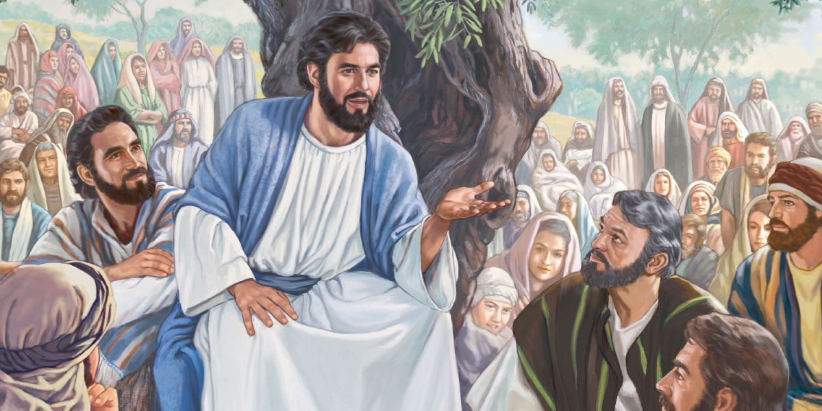 Jesus hält die Bergpredigt und seine Apostel und Jünger hören zu