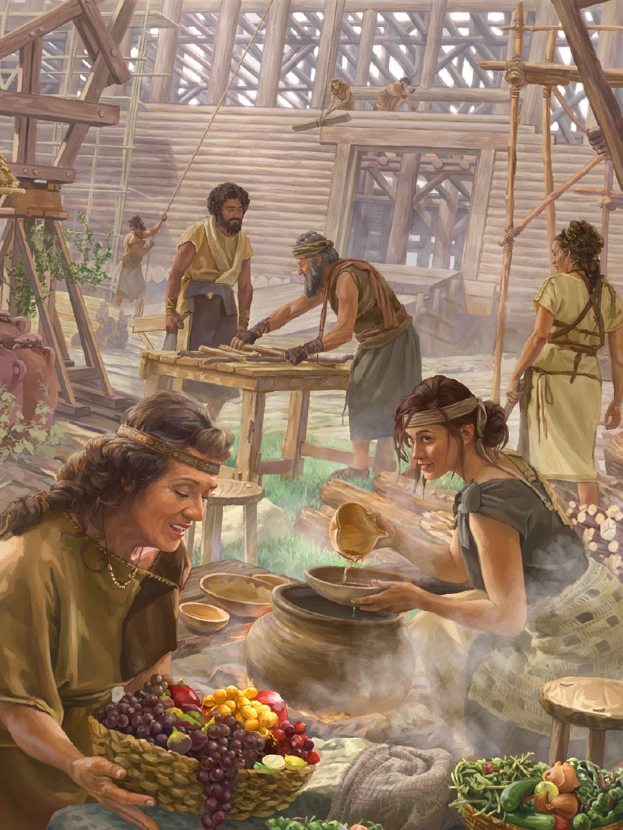 Noah und seine Familie bauen an der Arche und machen etwas zu essen