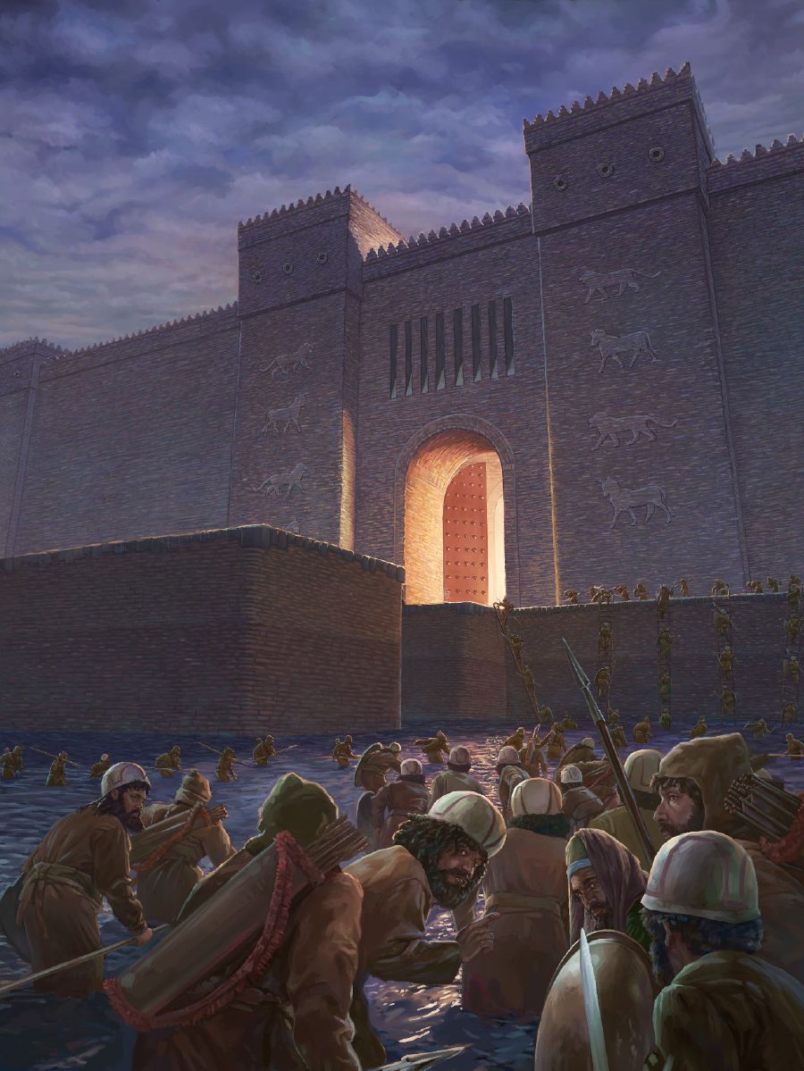 Die Soldaten von König Cyrus gehen durch den Fluss und klettern zu den Toren von Babylon hoch