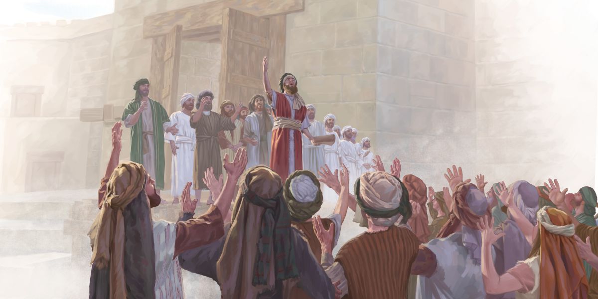 Esra preist Jehova auf dem öffentlichen Platz und die Israeliten heben zustimmend die Hände