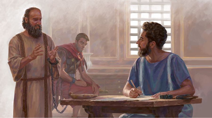 Paulus unter Hausarrest, an eine Wache gekettet; er diktiert Timotheus einen Brief