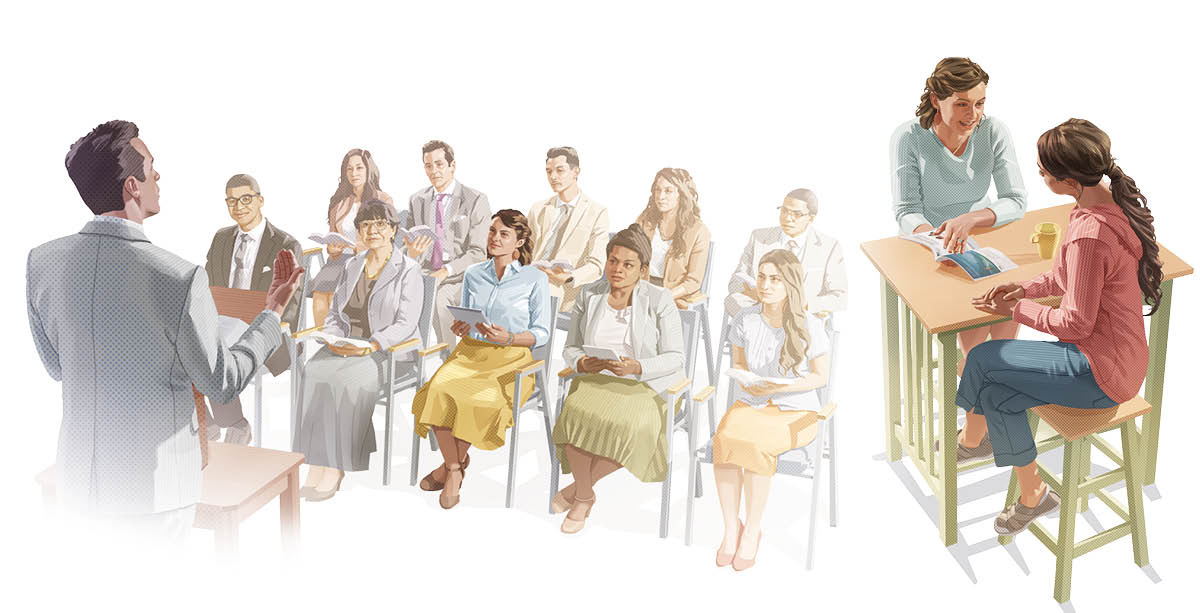 Bilderfolge: 1. Eine Bibelschülerin besucht eine Zusammenkunft von Jehovas Zeugen. 2. Dieselbe Bibelschülerin predigt einer Bekannten.