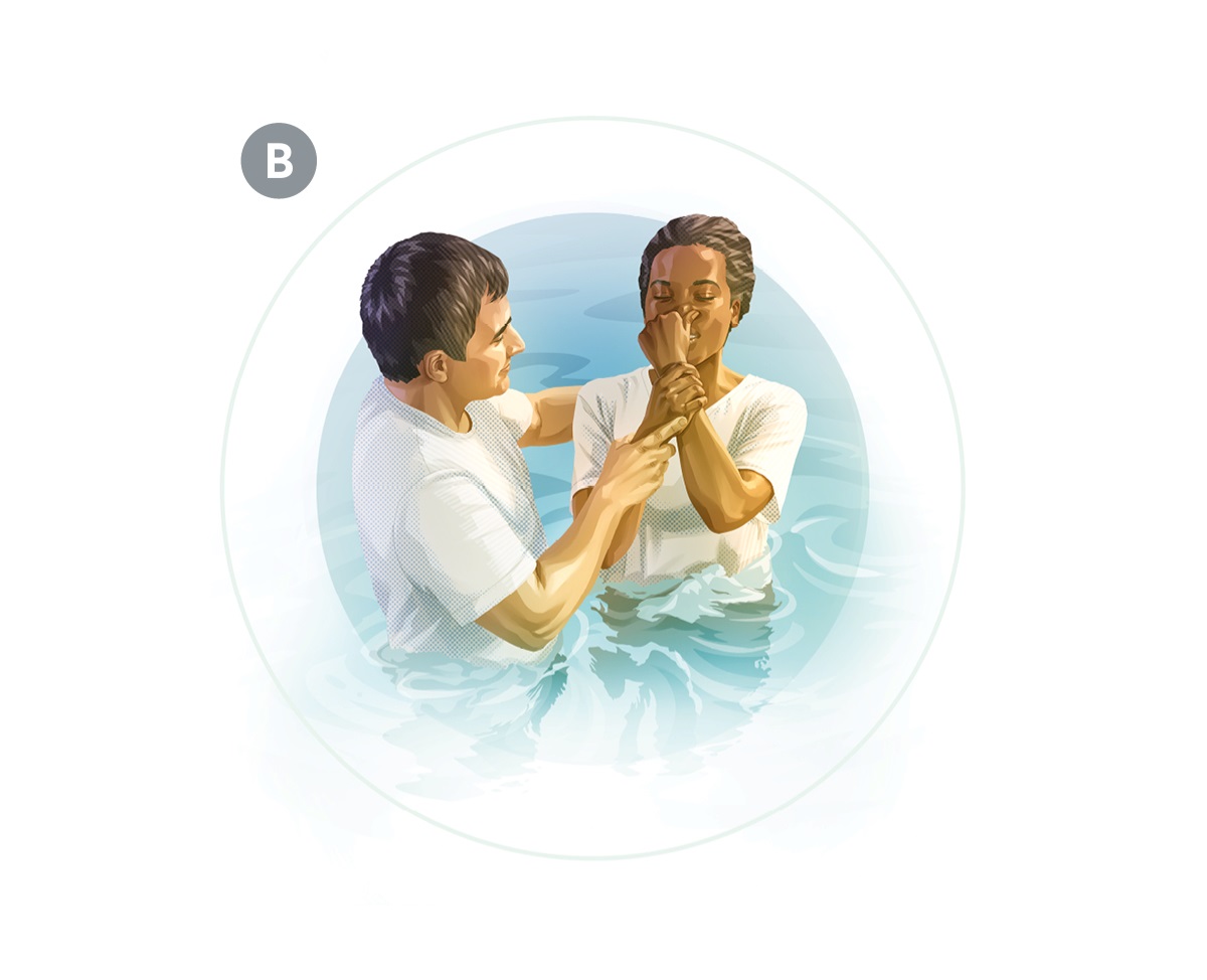 B. Dieselbe Frau lässt sich als Zeugin Jehovas taufen und wird dabei vollständig im Wasser untergetaucht.