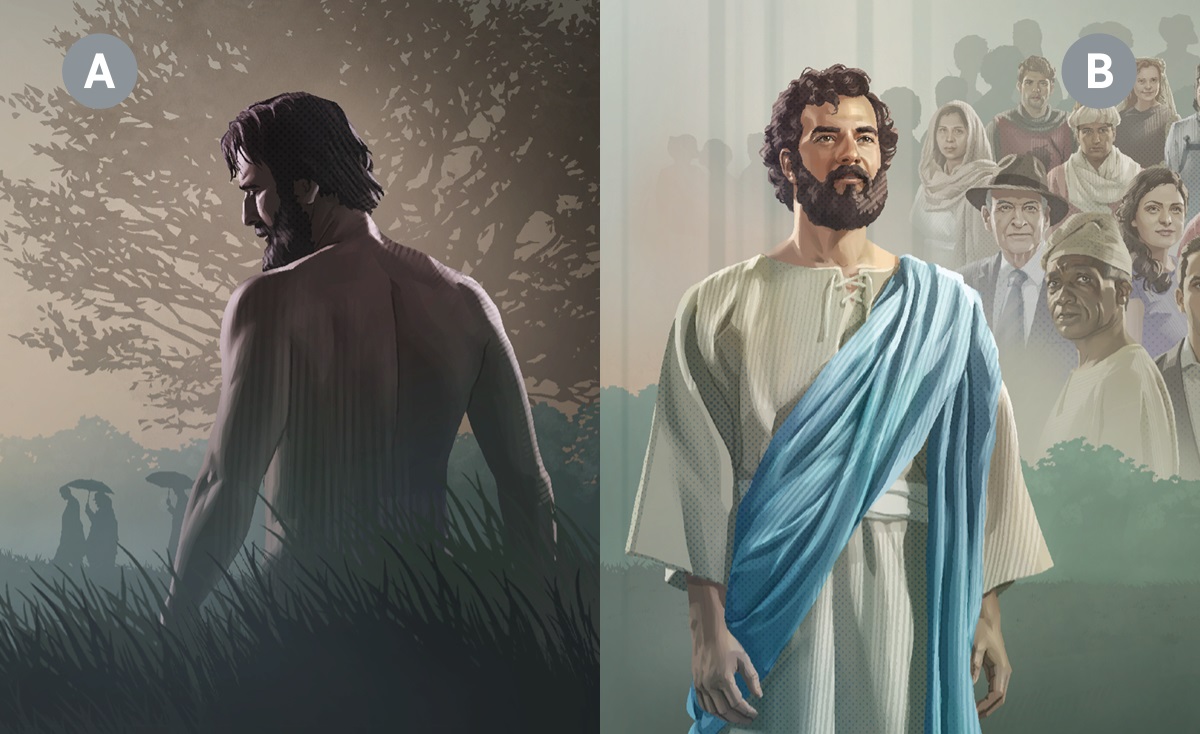 Collage: A. Adam, nachdem er Gott ungehorsam geworden war. B. Jesus Christus.