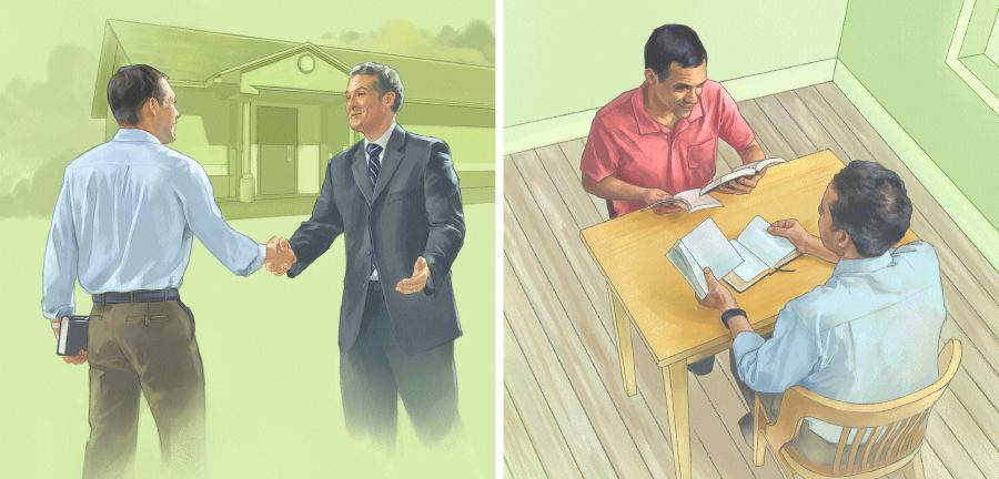 Ein Mann besucht eine Zusammenkunft in einem Königreichssaal; ein Zeuge Jehovas führt mit ihm einen Bibelkurs durch