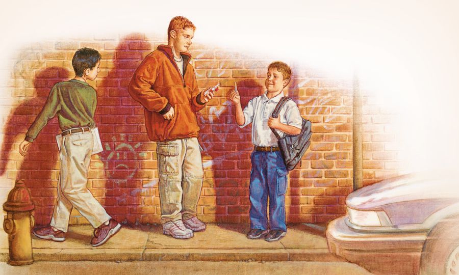 Ein Junge bietet zwei anderen Jungen eine Zigarette an; einer nimmt sie, der andere geht weiter