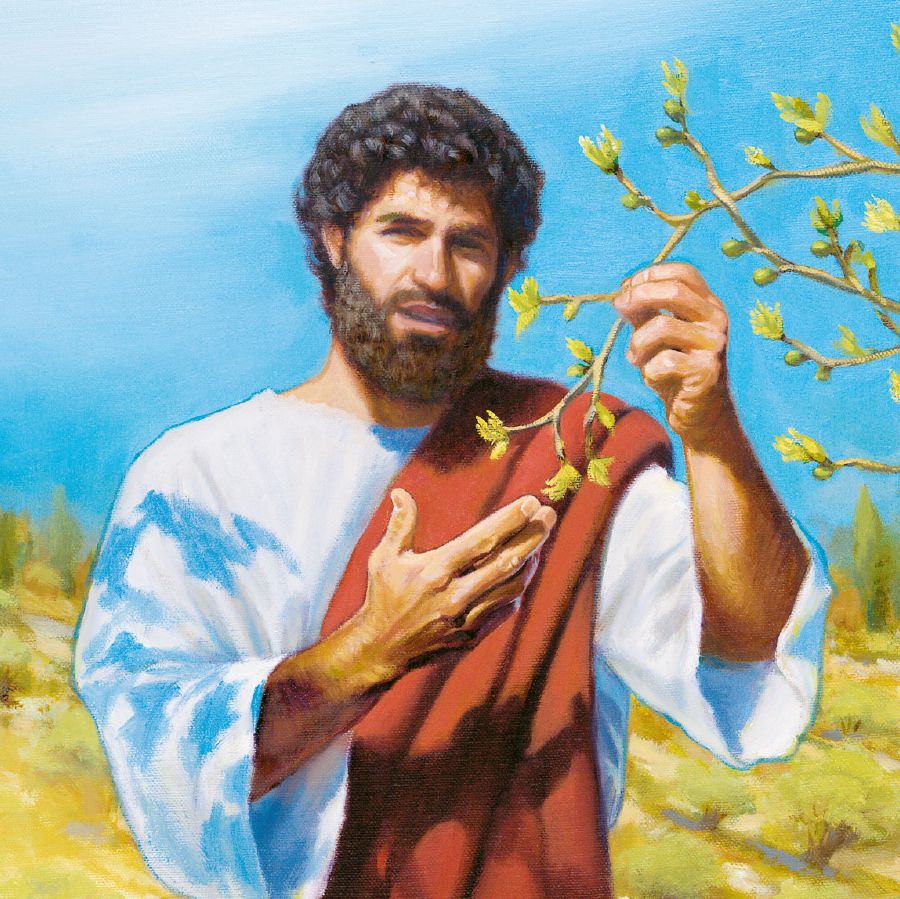 Jesus hält einen Zweig von einem Feigenbaum, der neue Triebe gebildet hat