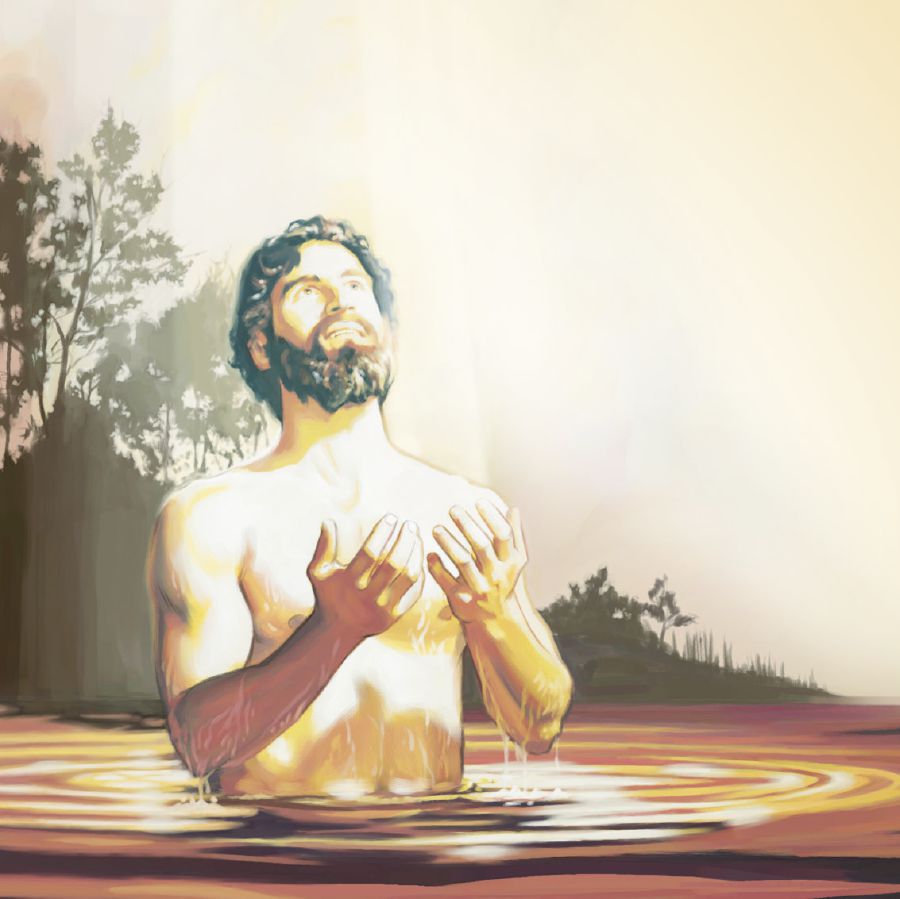 Jesus sieht nach seiner Taufe zum Himmel und betet