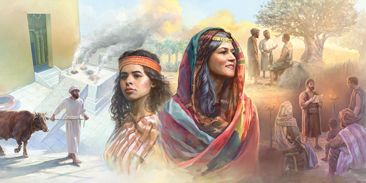Hagar und Sara – im Hintergrund werden am Tempel Opfer dargebracht; die Jünger predigen; es wird aus einer Schriftrolle vorgelesen und die Jünger hören zu