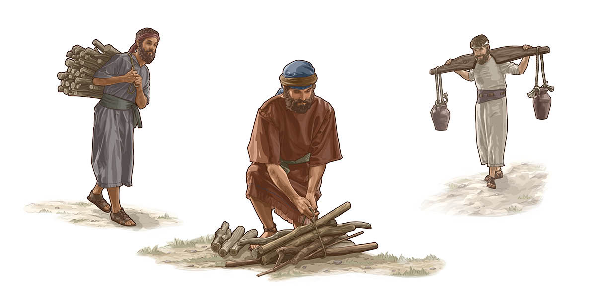 Bildcollage: Verschiedene Aufgaben der Gibeoniter. 1. Ein Mann trägt ein großes Bündel Holz. 2. Ein Mann schnürt Holz zu einem Bündel. 3. Ein Mann trägt ein Joch mit Wasserkrügen.