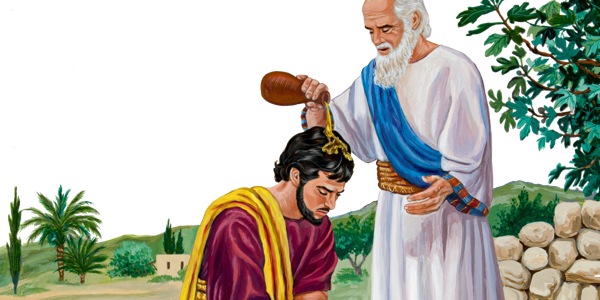 Der Prophet Samuel gießt Salböl auf Sauls Kopf