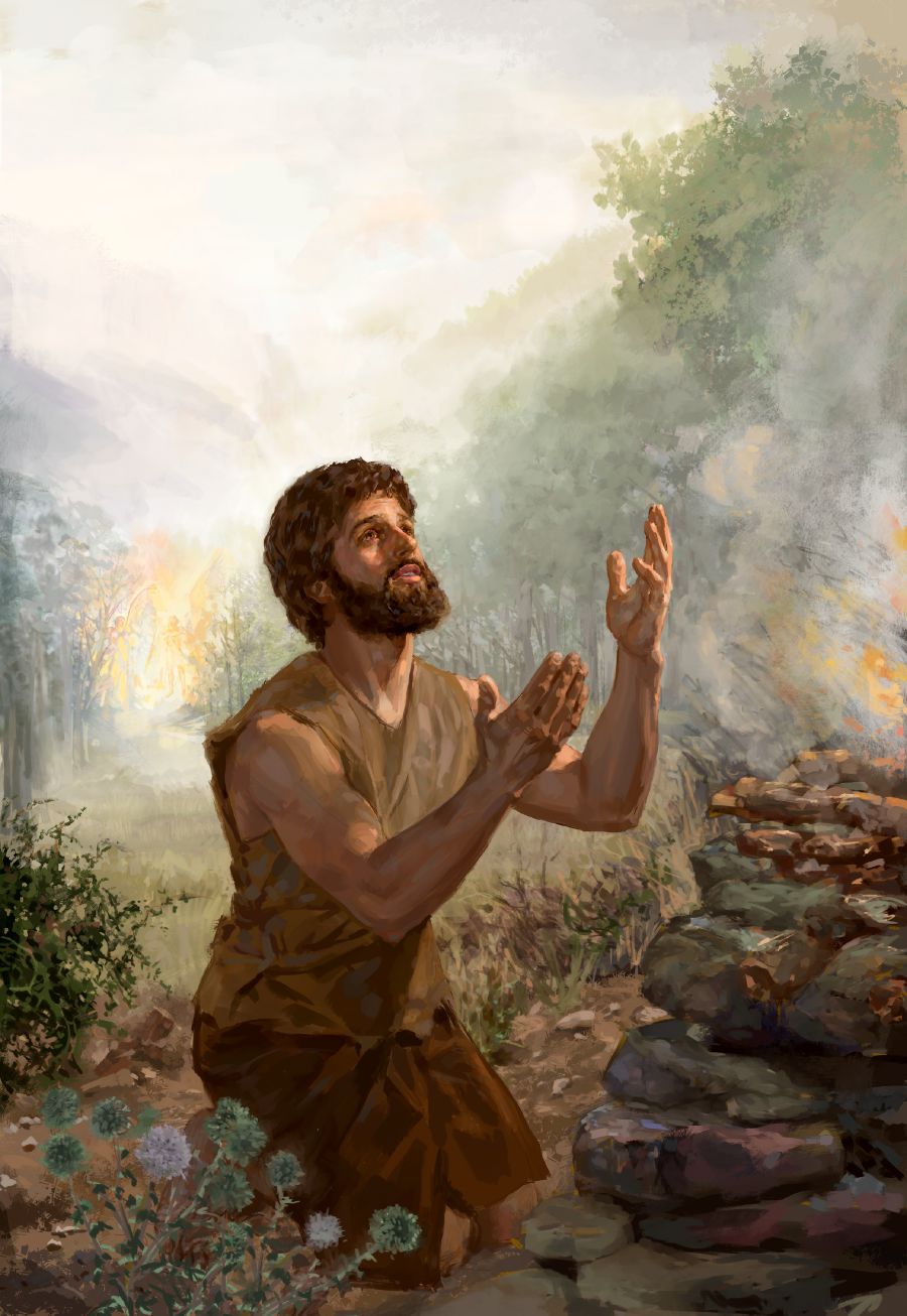 Abel kniet vor einem Altar und bringt Jehova ein Opfer dar. Im Hintergrund versperren Cherubim den Zugang zum Garten Eden.