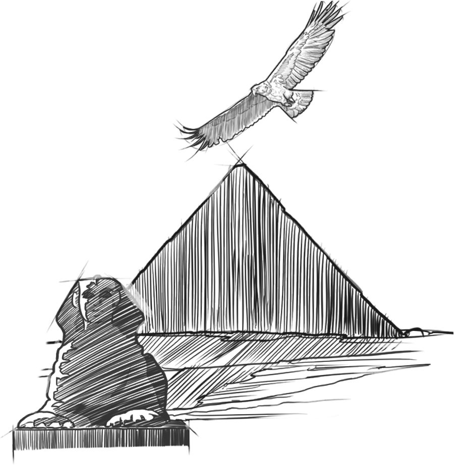 Ein Adler fliegt über eine Pyramide und die Sphinx.