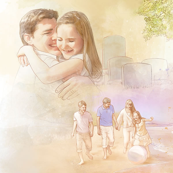 1. Ein Vater schließt seine gerade auferweckte Tochter in die Arme. 2. Eine Familie spielt am Strand
