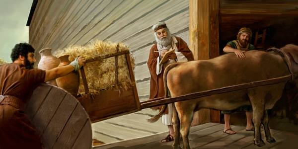 Noah und zwei seiner Söhne treffen Vorbereitungen für die Sintflut