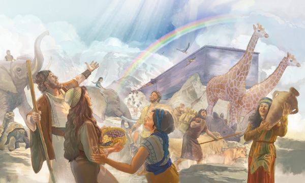 Noah, seine Familie und die Tiere nach der Flut vor der Arche