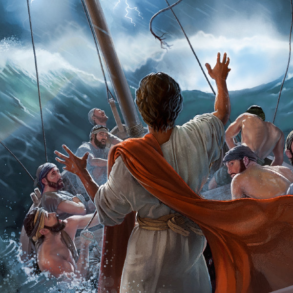 Jesus beruhigt durch ein Wunder einen Windsturm