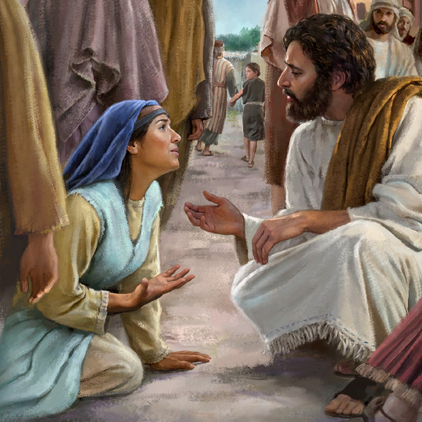 Jesus spricht freundlich mit einer Frau, die 12 Jahre lang krank war
