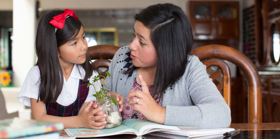 Eine Mutter erzählt ihrer Tochter etwas über Jehova, während sich beide eine Pflanze ansehen