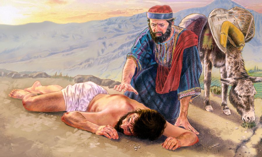 Der barmherzige Samariter nähert sich einem verletzten jüdischen Reisenden