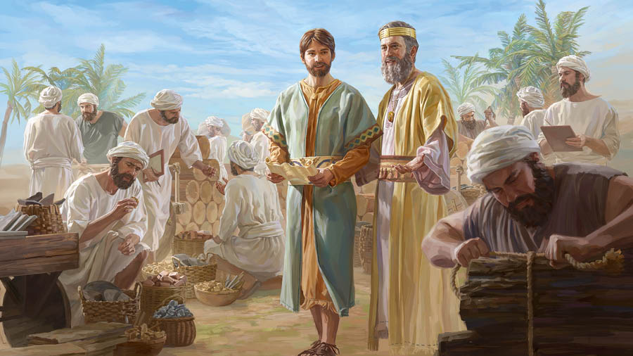 König David zeigt Salomo Baumaterialien für den Tempel.