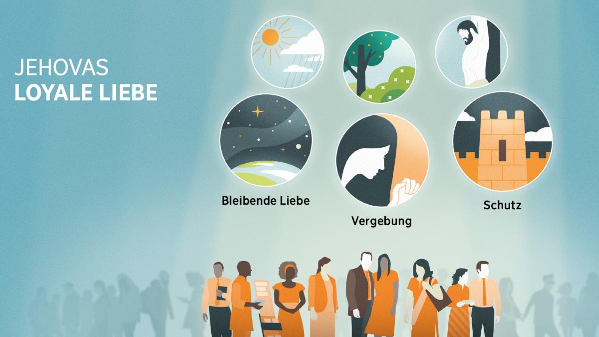 Diener Jehovas, die inmitten einer großen Menschenmenge herausgestellt sind. Collage: Ausdrucksformen von Jehovas loyaler Liebe. 1. Bleibende Liebe, dargestellt durch die Erde und den Sternenhimmel. 2. Vergebung, dargestellt durch eine Schwester, die betet. 3. Schutz, dargestellt durch eine Stadtmauer. Im Hintergrund sieht man Ausdrucksformen von Jehovas Liebe zu allen Menschen. 4. Sonnenschein und Regen. 5. Blumen, Gras und Bäume. 6. Das Lösegeld.