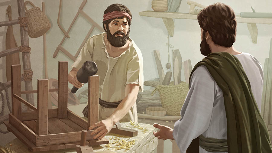 Der auferstandene Jesus spricht mit Jakobus in dessen Zimmermannswerkstatt.
